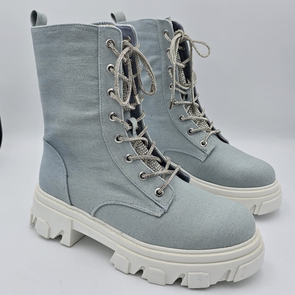 Cape Robbin Shoes - NWOT Cape Robbin Nunani Lace-up Rhinestone Combat Boots, Denim (Light Blue), 9